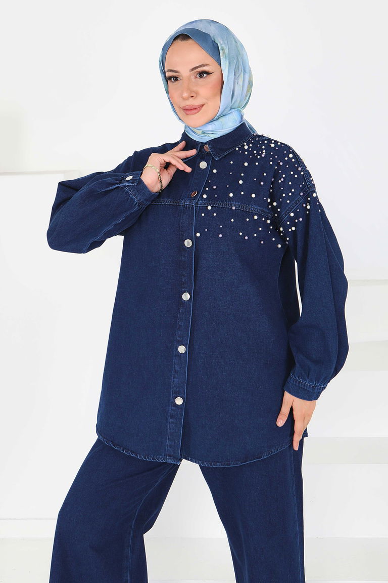 Düz Gömlek Yaka Kadın Koyu Mavi İnci Detaylı Tensel İkili Takım - 25362 - TOFİSA