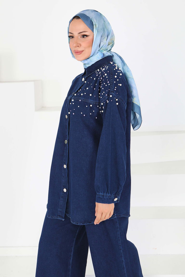 Düz Gömlek Yaka Kadın Koyu Mavi İnci Detaylı Tensel İkili Takım - 25362 - TOFİSA