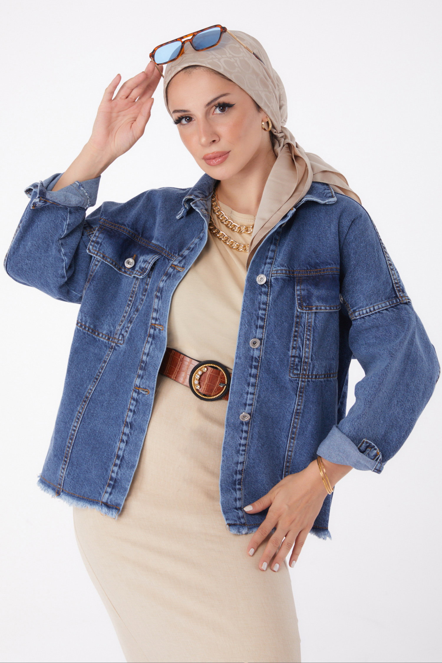 Düz Gömlek Yaka Kadın Koyu Mavi Kapak Cepli Kot Ceket - 26080 - 1