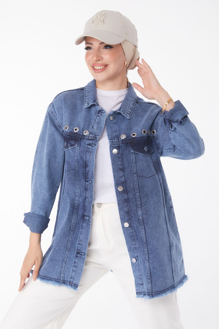 Düz Gömlek Yaka Kadın Koyu Mavi Kuş Gözlü Kot Ceket - 25363 - TOFİSA