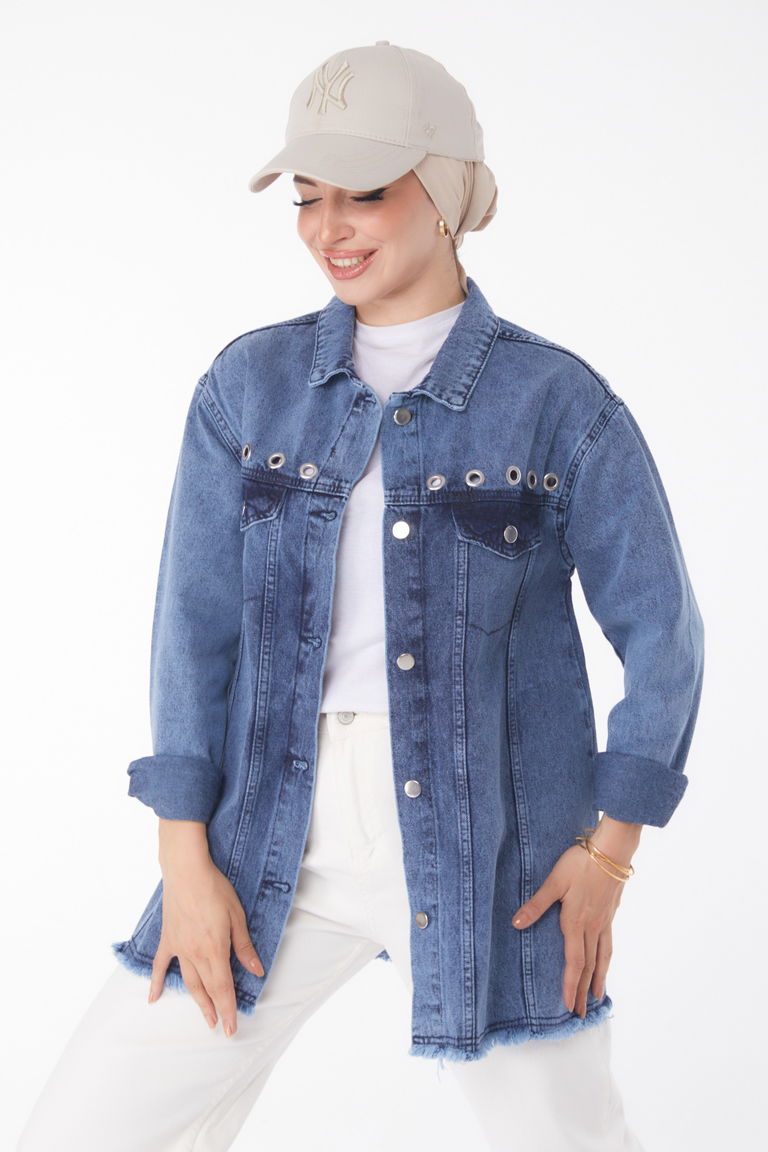 Düz Gömlek Yaka Kadın Koyu Mavi Kuş Gözlü Kot Ceket - 25363 - TOFİSA