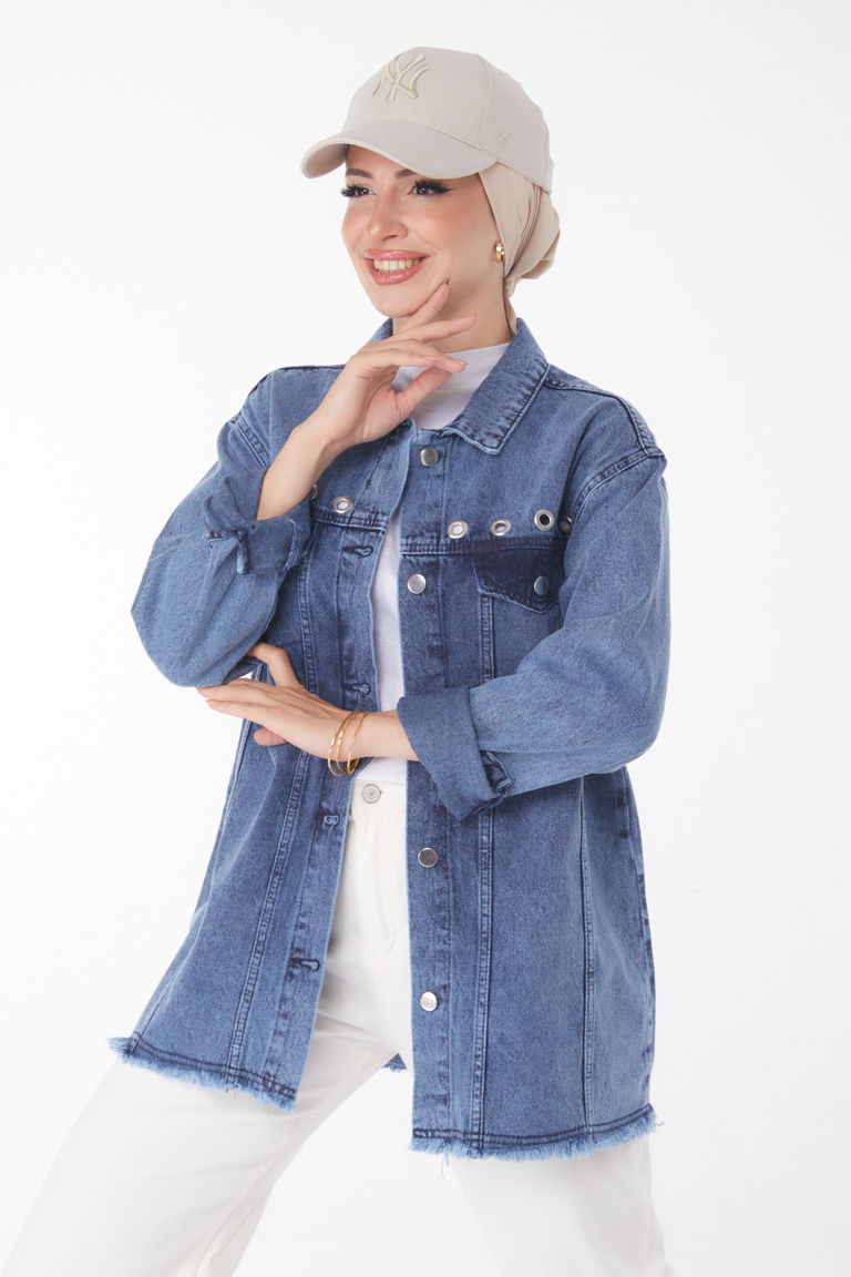 Düz Gömlek Yaka Kadın Koyu Mavi Kuş Gözlü Kot Ceket - 25363 - TOFİSA