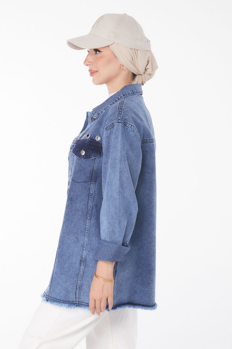 Düz Gömlek Yaka Kadın Koyu Mavi Kuş Gözlü Kot Ceket - 25363 - TOFİSA