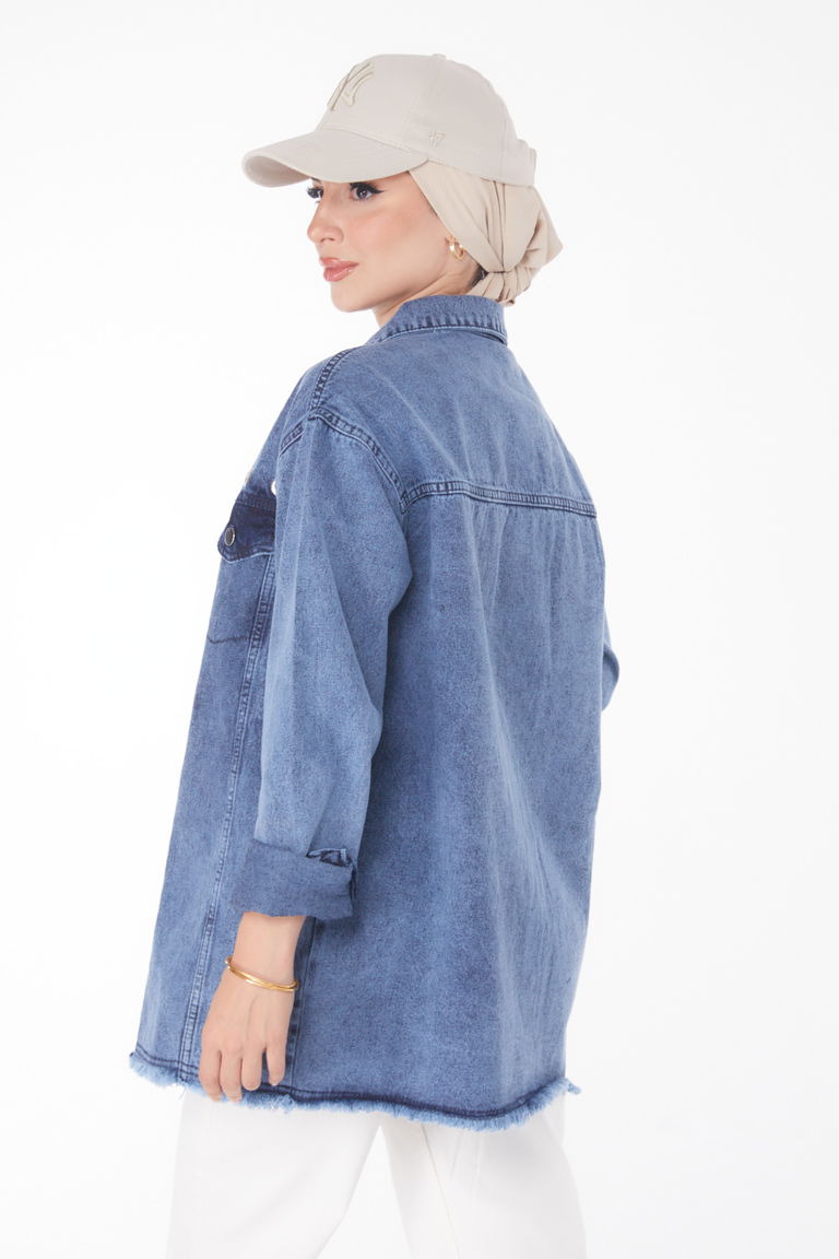 Düz Gömlek Yaka Kadın Koyu Mavi Kuş Gözlü Kot Ceket - 25363 - TOFİSA