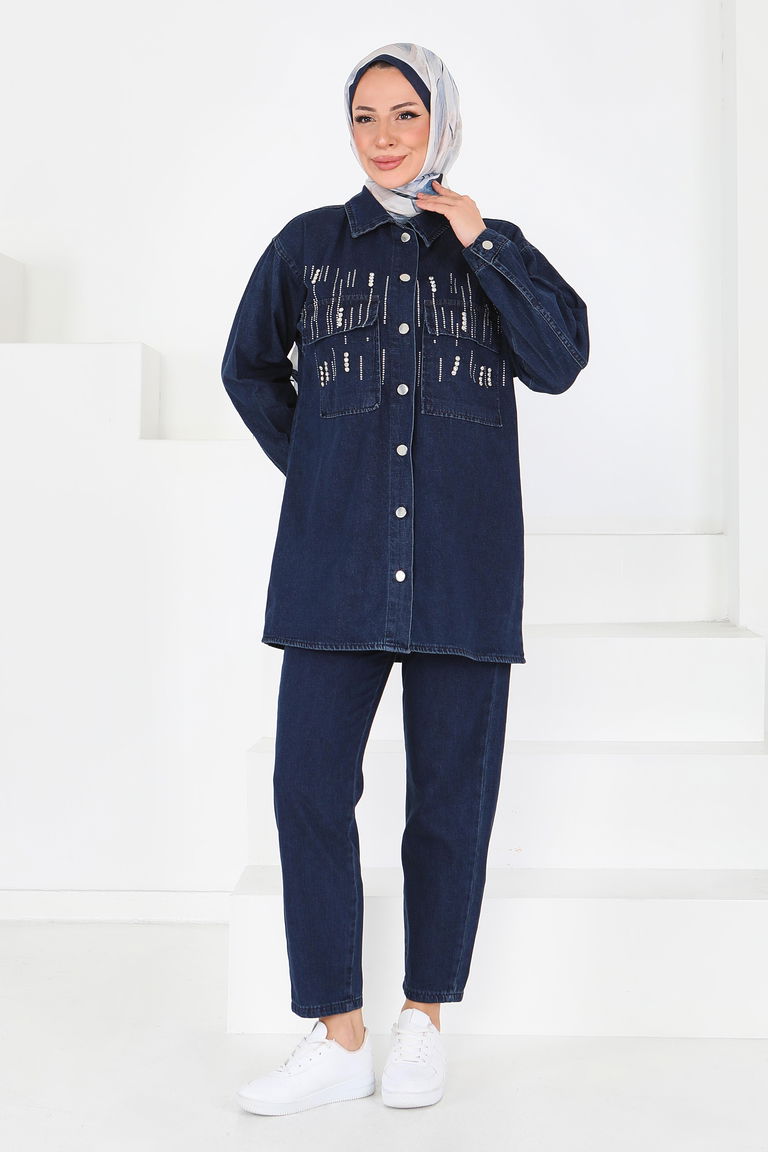 Taş Detaylı Tensel İkili Takım Koyu Mavi - 25366 - TOFİSA