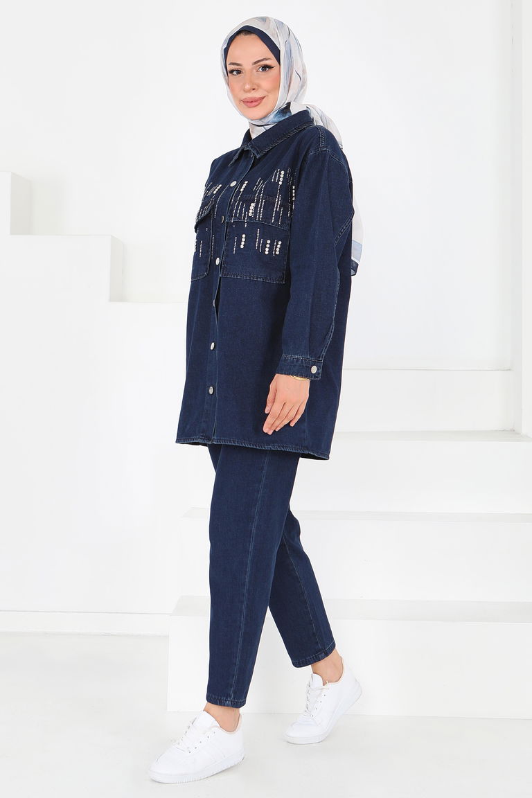 Taş Detaylı Tensel İkili Takım Koyu Mavi - 25366 - TOFİSA