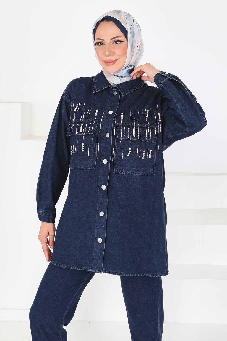 Taş Detaylı Tensel İkili Takım Koyu Mavi - 25366 - TOFİSA