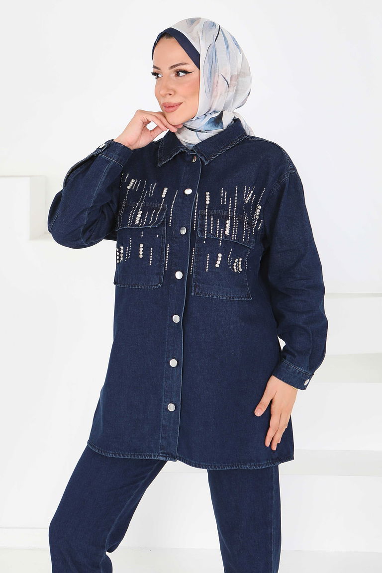 Taş Detaylı Tensel İkili Takım Koyu Mavi - 25366 - TOFİSA