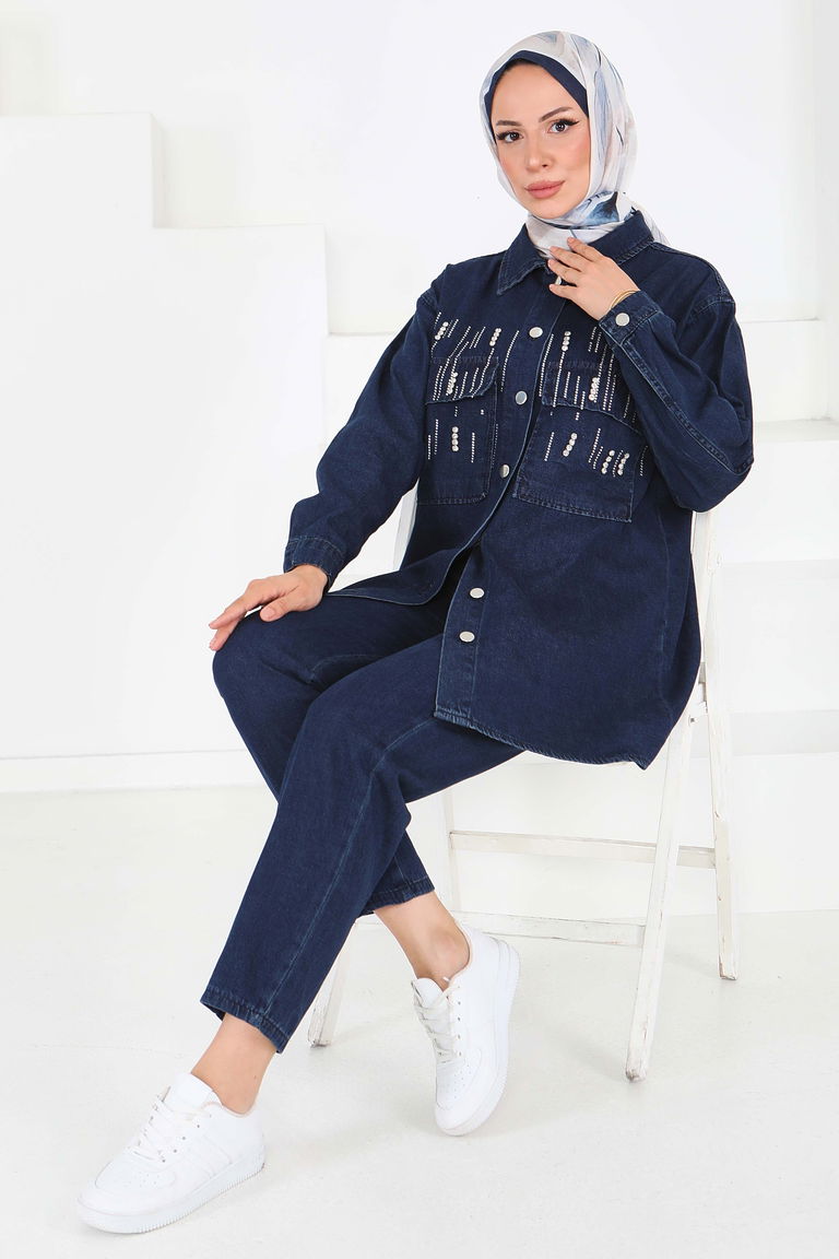 Taş Detaylı Tensel İkili Takım Koyu Mavi - 25366 - TOFİSA