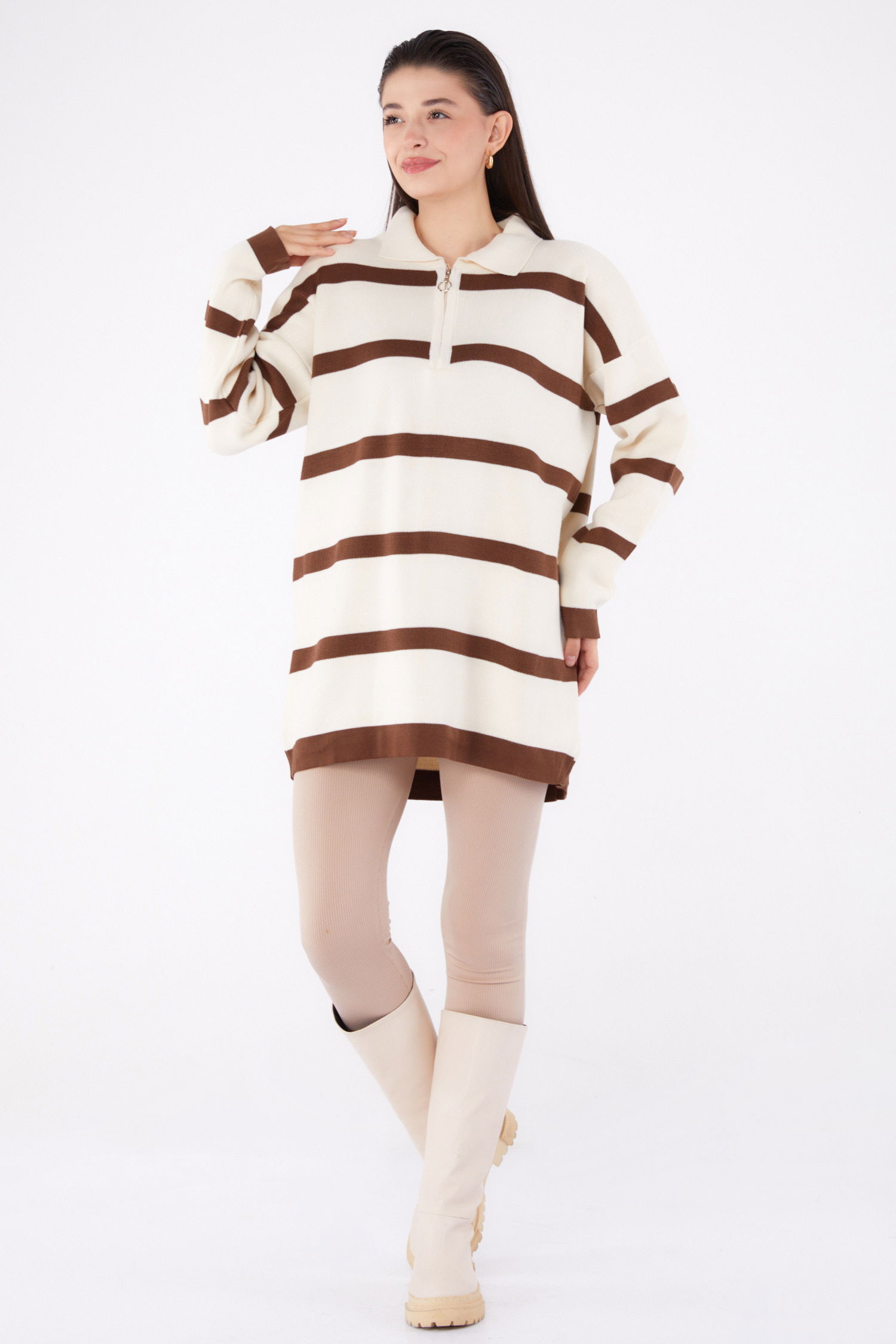 Çizgili Triko Tunik Krem - 26420 - 1