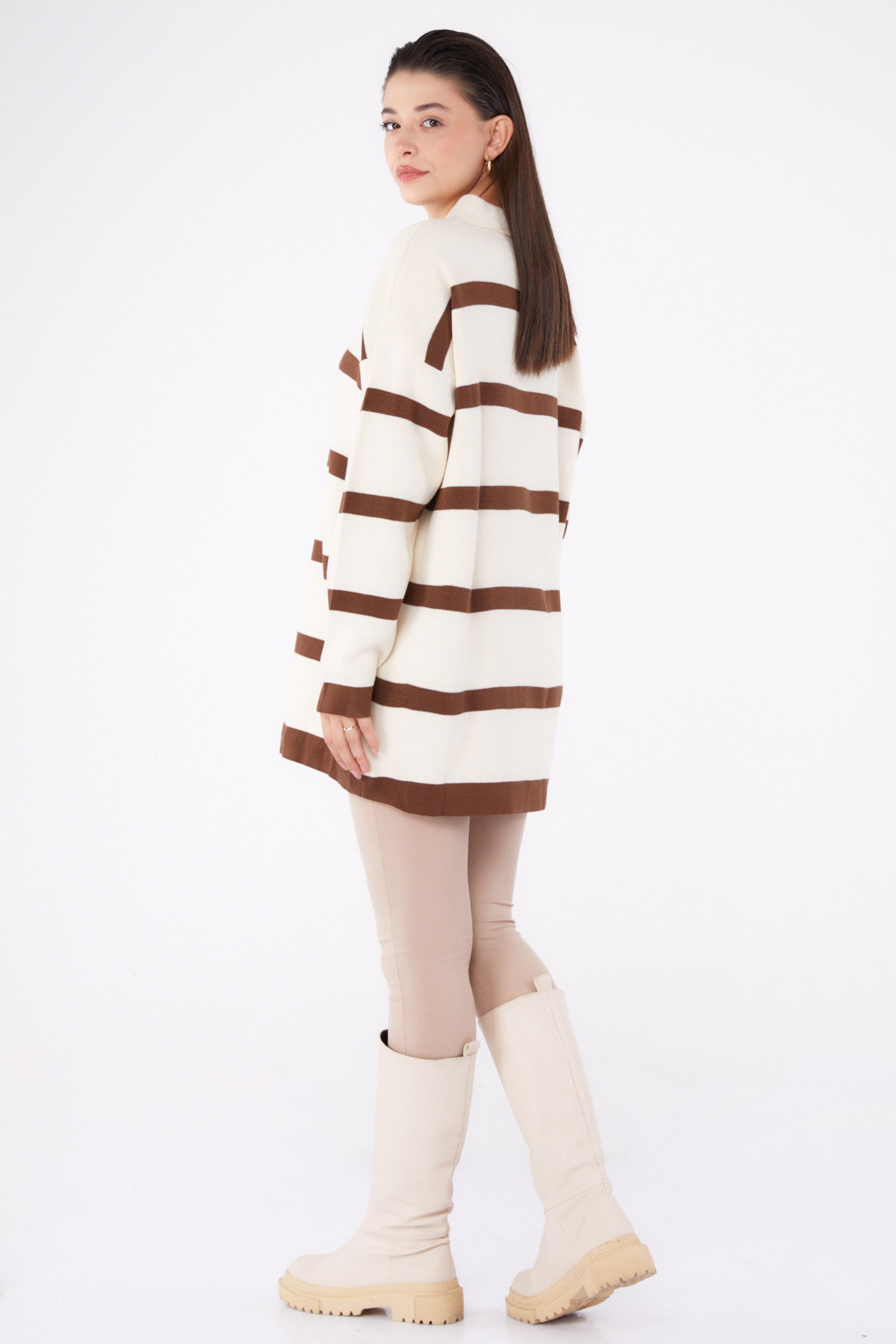 Çizgili Triko Tunik Krem - 26420 - 5