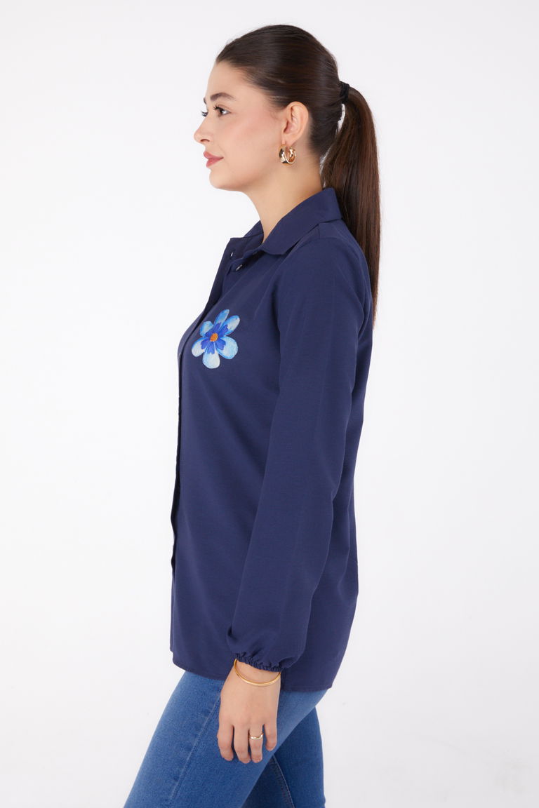 Düz Gömlek Yaka Kadın Lacivert Baskılı Gömlek - 13338 - TOFİSA