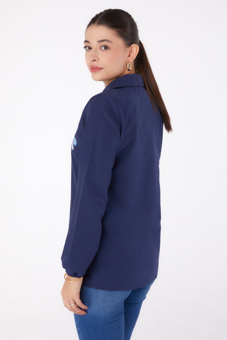 Düz Gömlek Yaka Kadın Lacivert Baskılı Gömlek - 13338 - TOFİSA