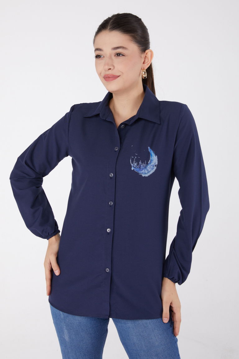 Düz Gömlek Yaka Kadın Lacivert Baskılı Gömlek - 13339 - TOFİSA