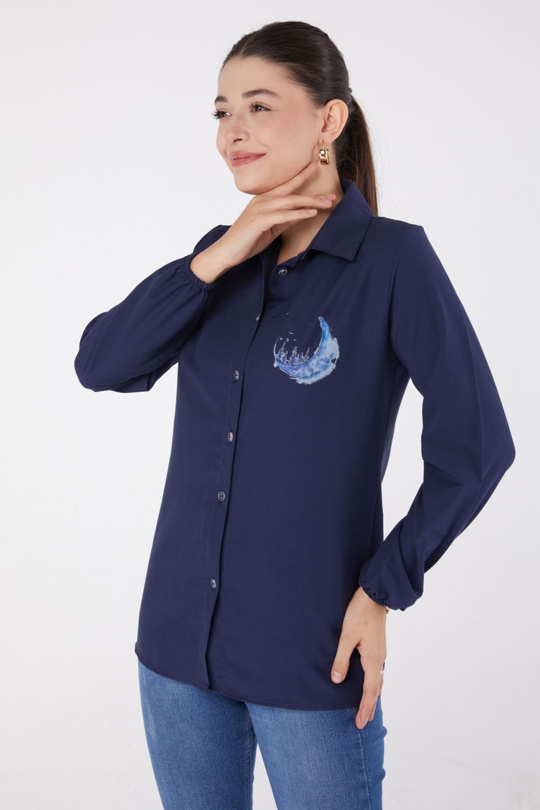 Düz Gömlek Yaka Kadın Lacivert Baskılı Gömlek - 13339 - TOFİSA