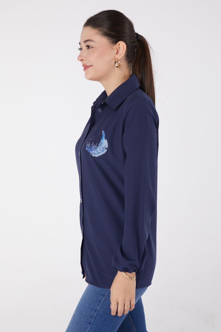 Düz Gömlek Yaka Kadın Lacivert Baskılı Gömlek - 13339 - TOFİSA