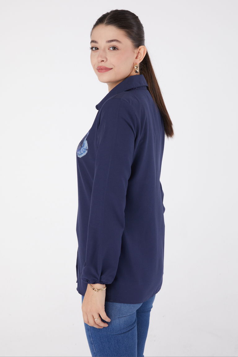 Düz Gömlek Yaka Kadın Lacivert Baskılı Gömlek - 13339 - TOFİSA