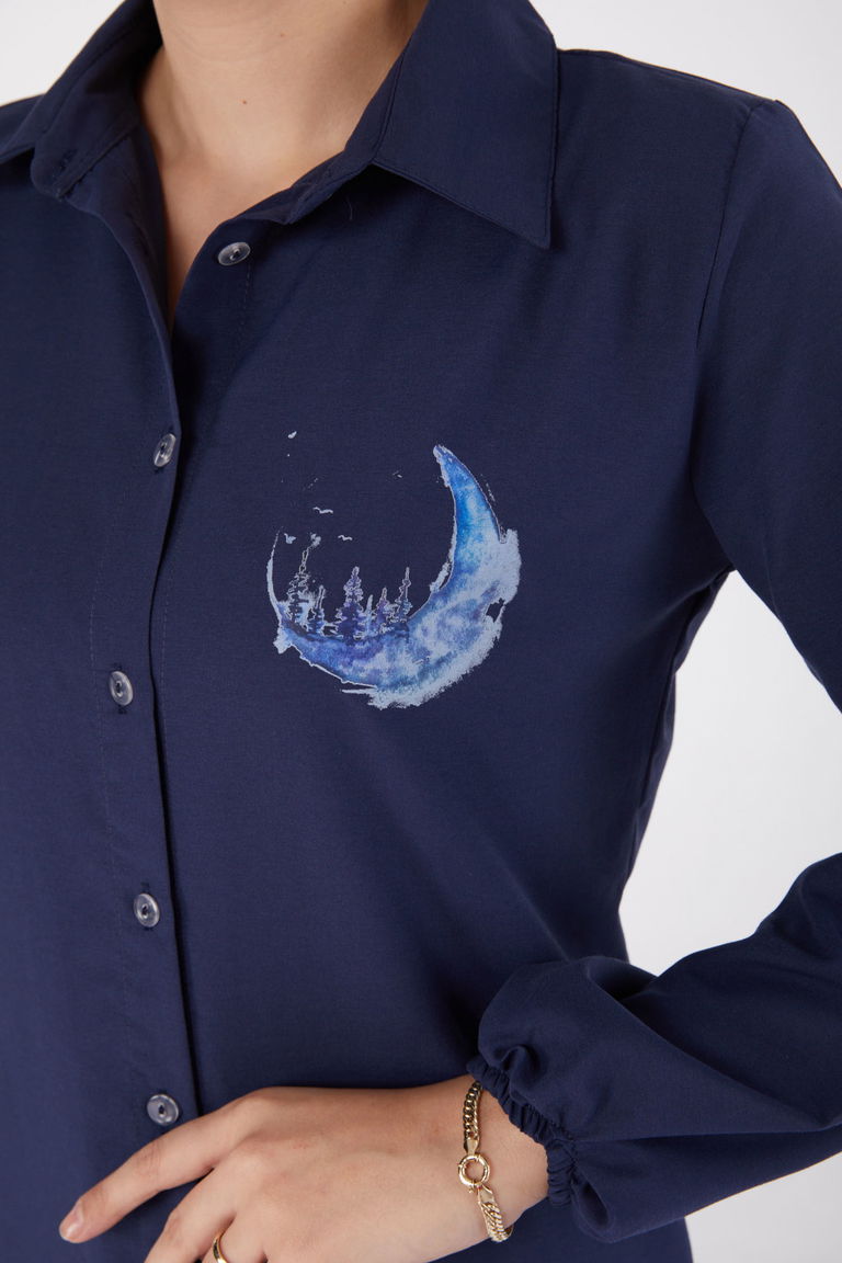 Düz Gömlek Yaka Kadın Lacivert Baskılı Gömlek - 13339 - TOFİSA