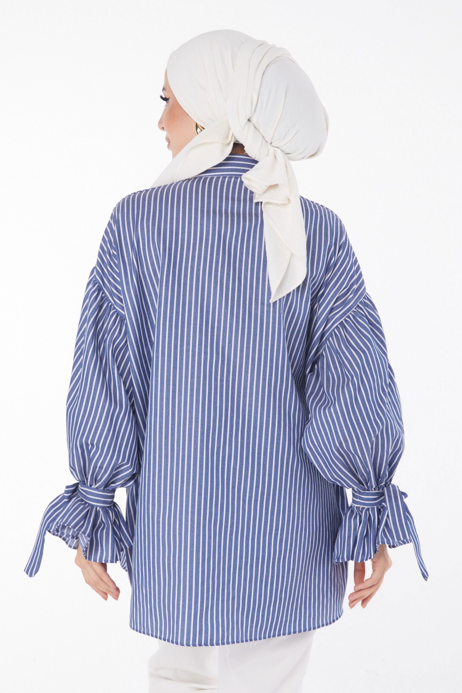 Düz Gömlek Yaka Kadın Lacivert Çizgili Balon Kol Gömek - 25887 - 5