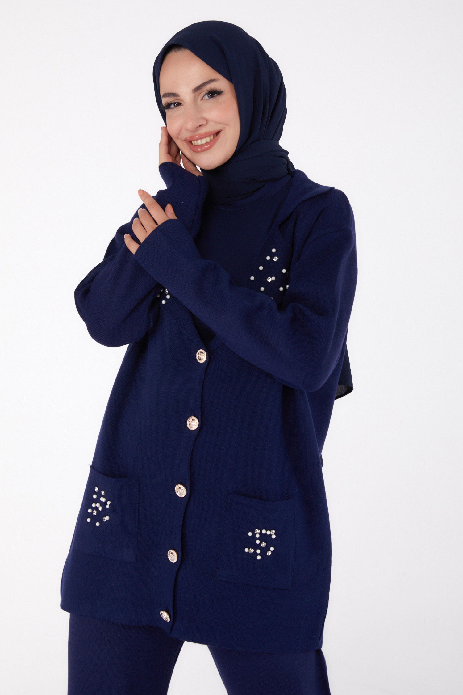 Düz Gömlek Yaka Kadın Lacivert İncili Triko Takım - 26410 - 1