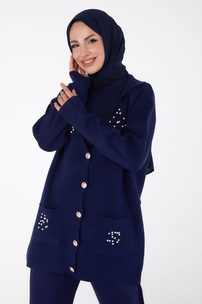 Düz Gömlek Yaka Kadın Lacivert İncili Triko Takım - 26410 