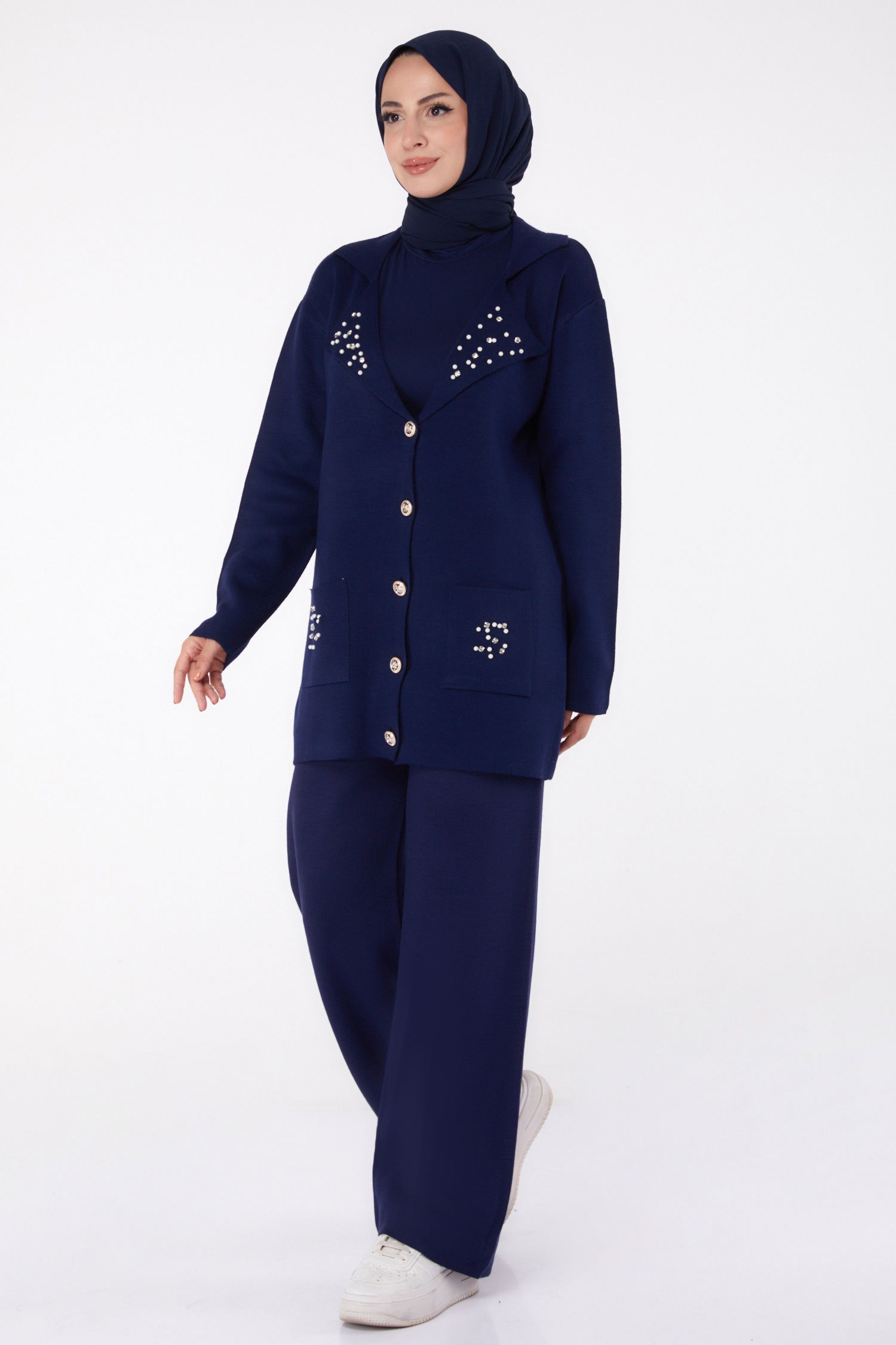 Düz Gömlek Yaka Kadın Lacivert İncili Triko Takım - 26410 - 2