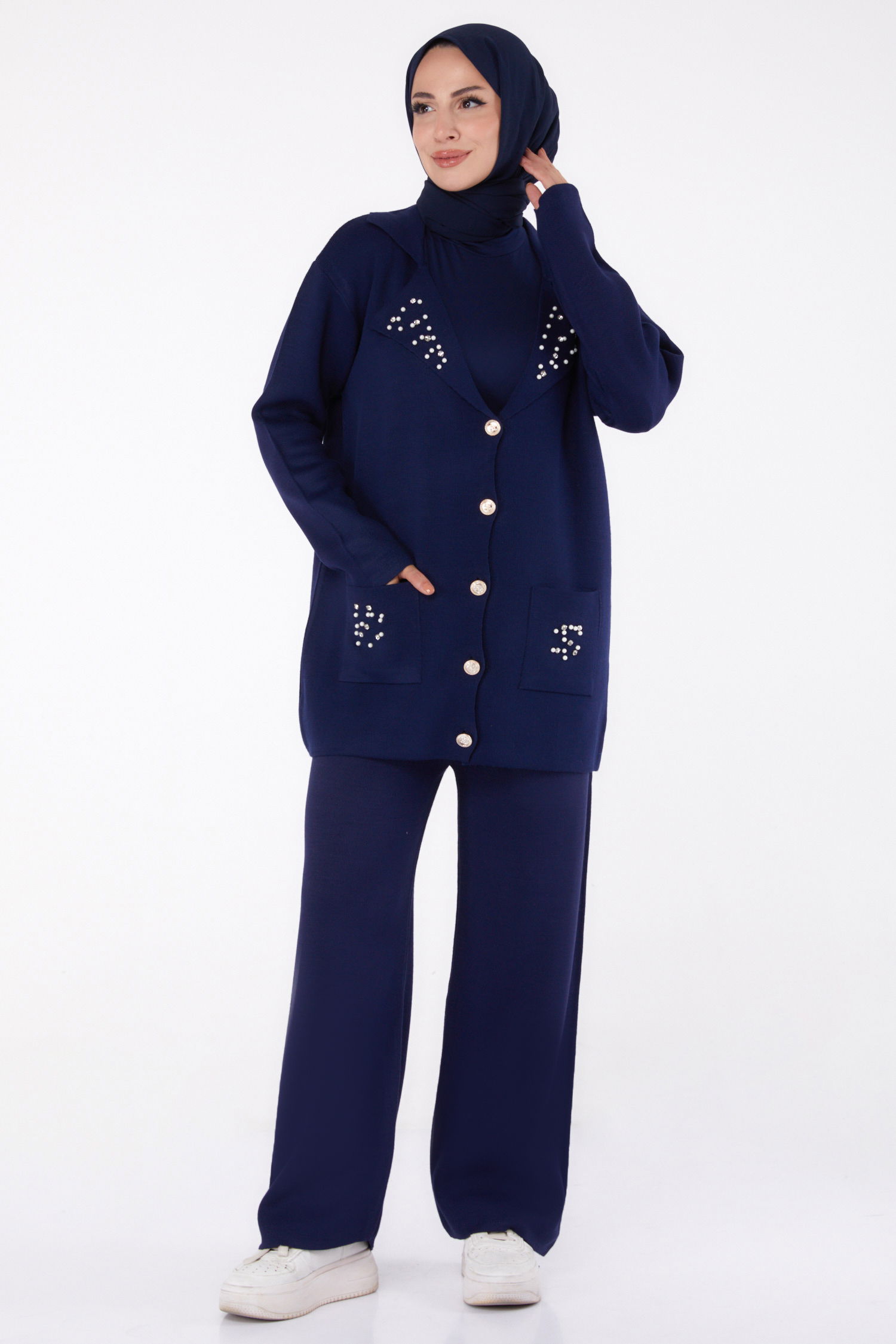 Düz Gömlek Yaka Kadın Lacivert İncili Triko Takım - 26410 - 3