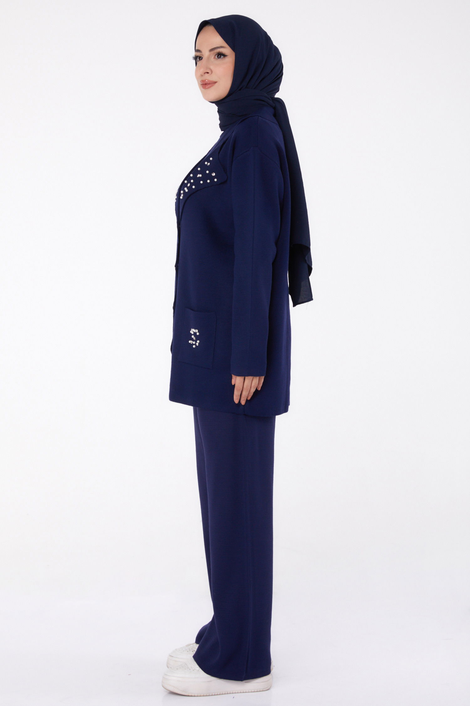 Düz Gömlek Yaka Kadın Lacivert İncili Triko Takım - 26410 - 4