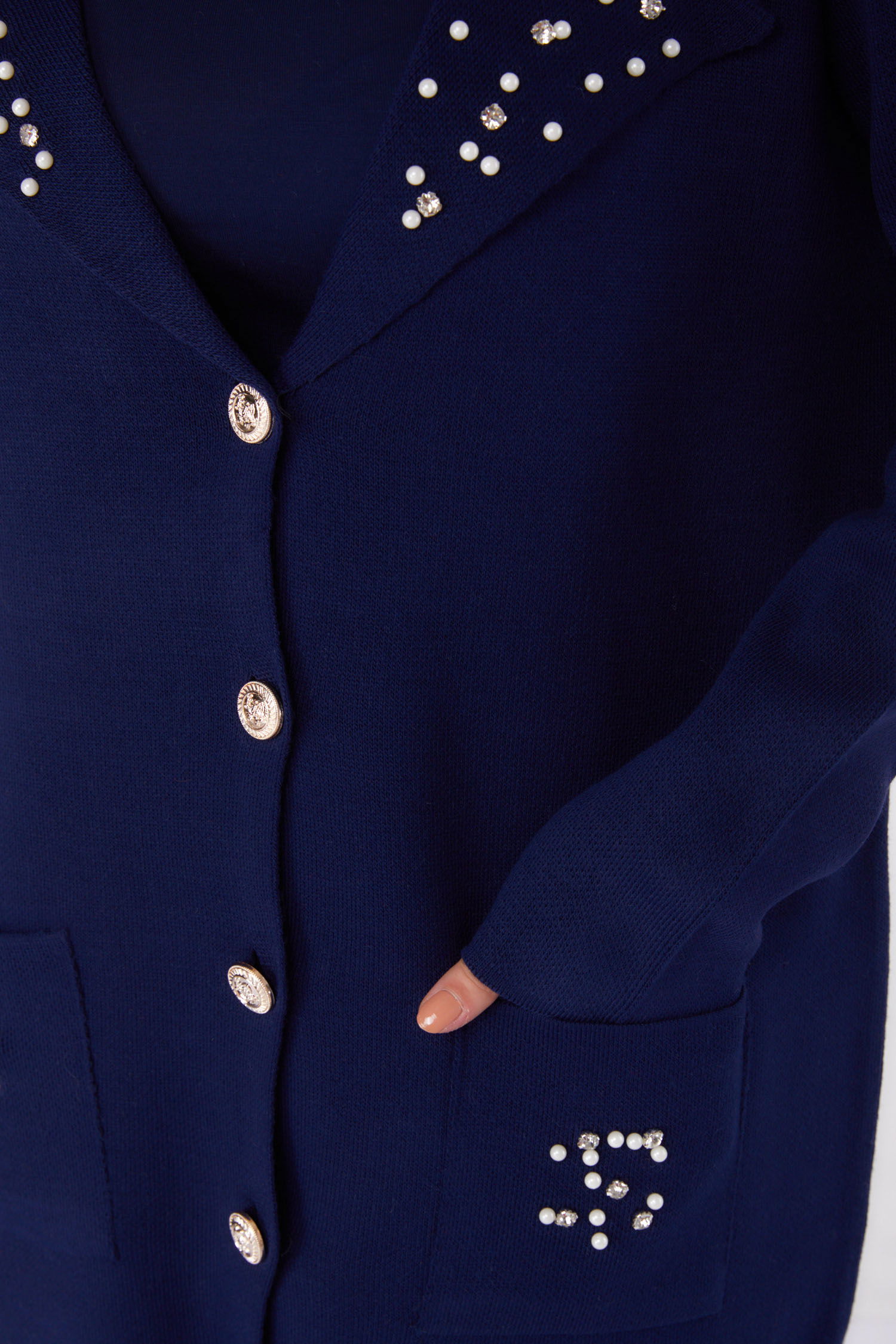 Düz Gömlek Yaka Kadın Lacivert İncili Triko Takım - 26410 - 6