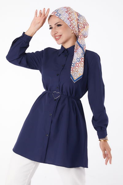 Düz Gömlek Yaka Kadın Lacivert Tunik - 13280 