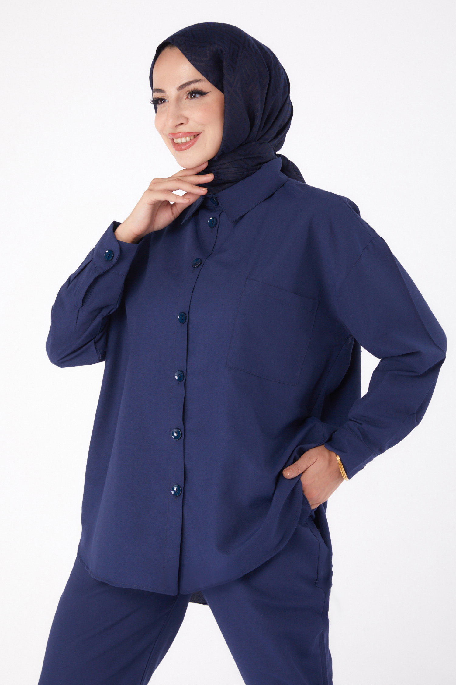 Düz Gömlek Yaka Kadın Lacivert Tunık Pantolon - 10563 - 1