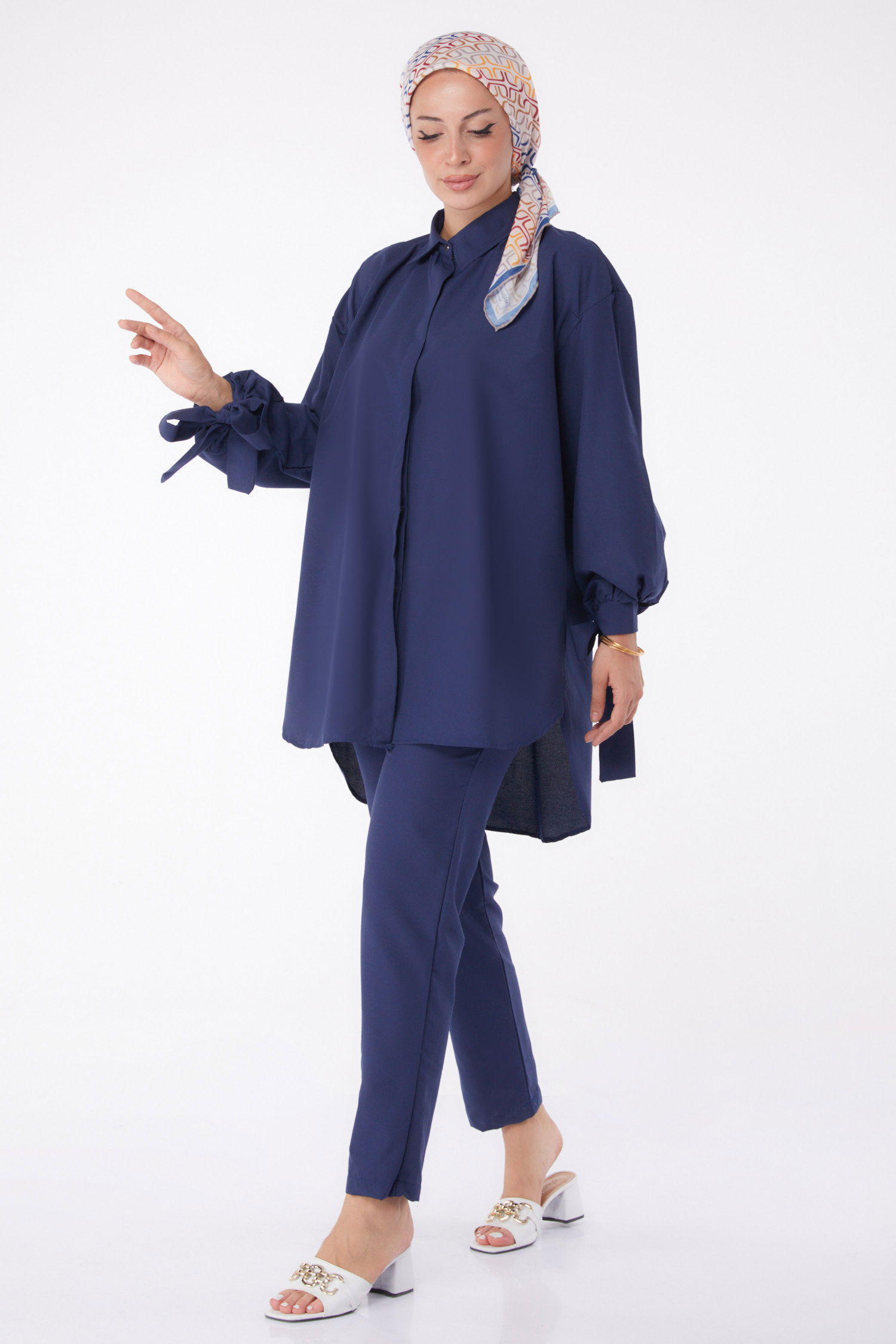 Düz Gömlek Yaka Kadın Lacivert Tunik Pantolon İkili Takım - 13182 - 1