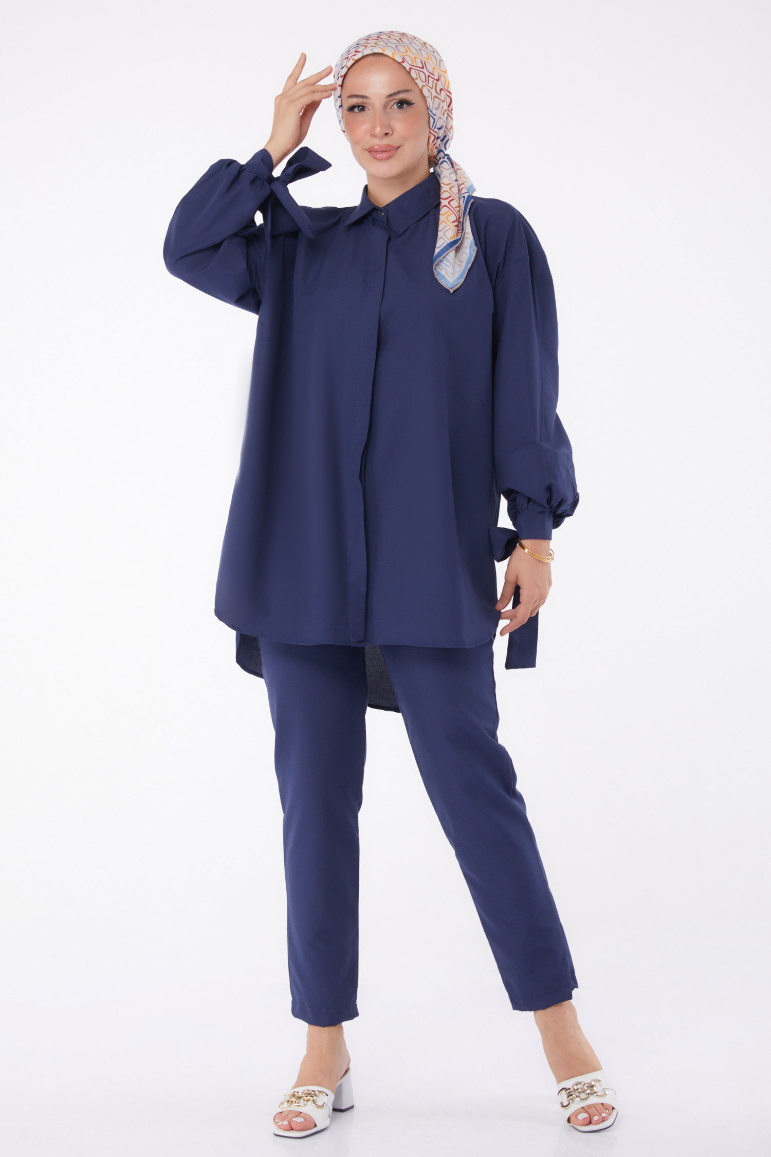 Düz Gömlek Yaka Kadın Lacivert Tunik Pantolon İkili Takım - 13182 - 2