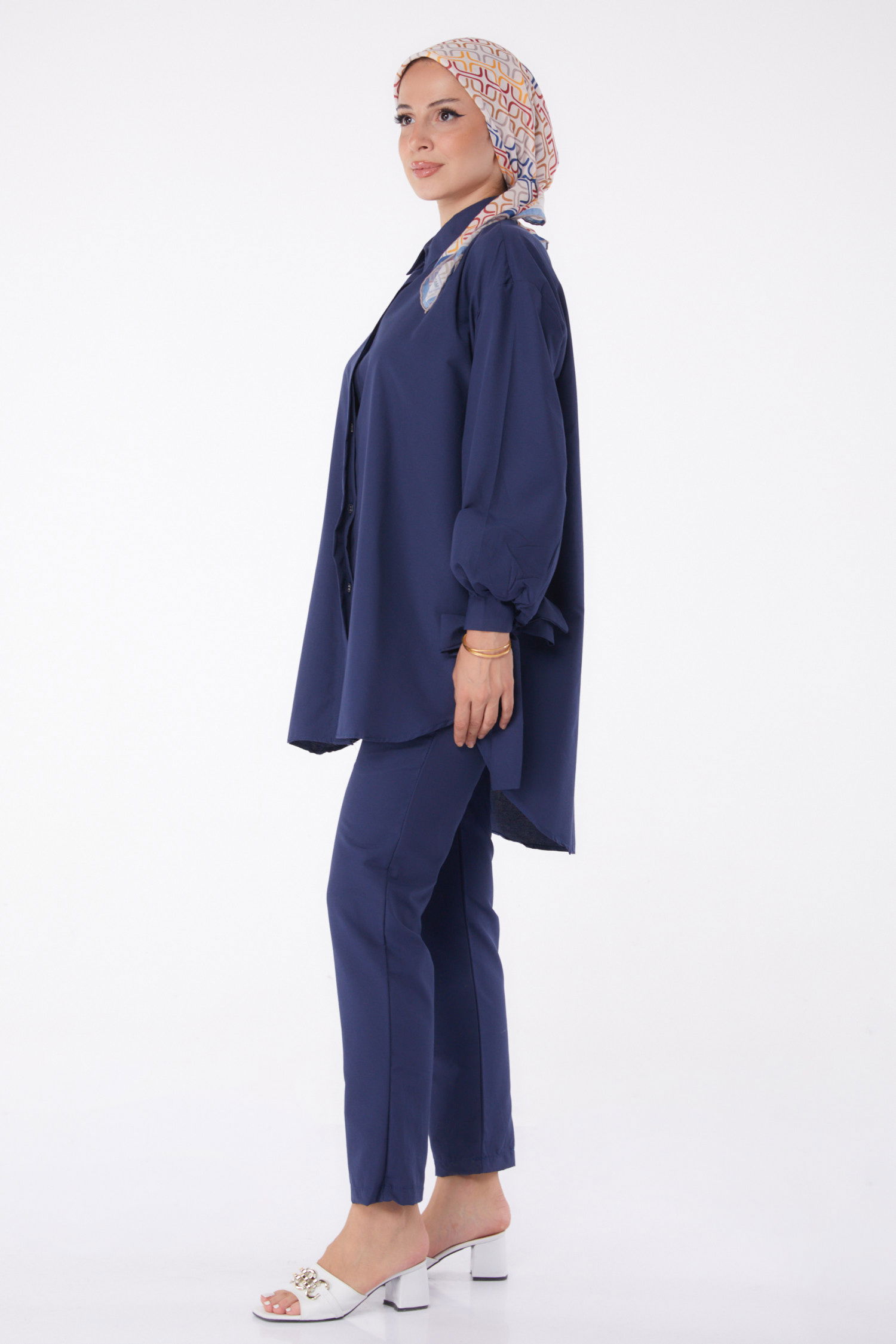 Düz Gömlek Yaka Kadın Lacivert Tunik Pantolon İkili Takım - 13182 - 4