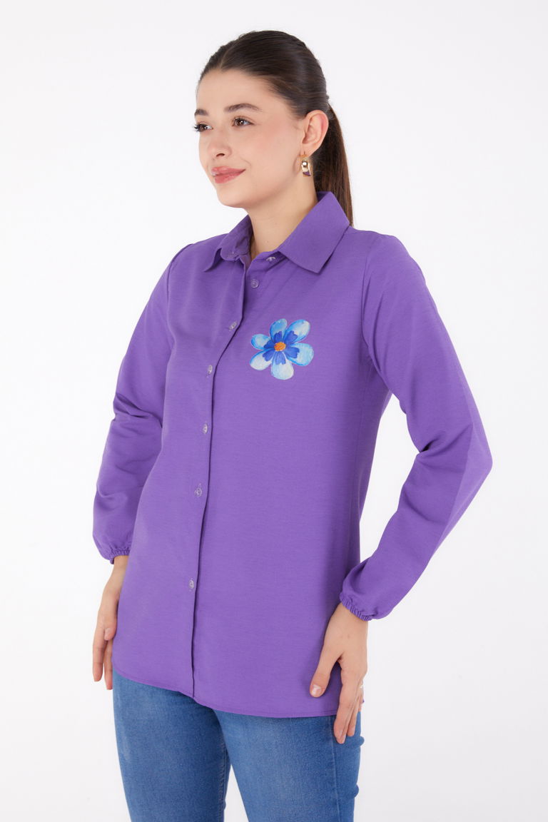 Düz Gömlek Yaka Kadın Lila Baskılı Gömlek - 13338 - TOFİSA