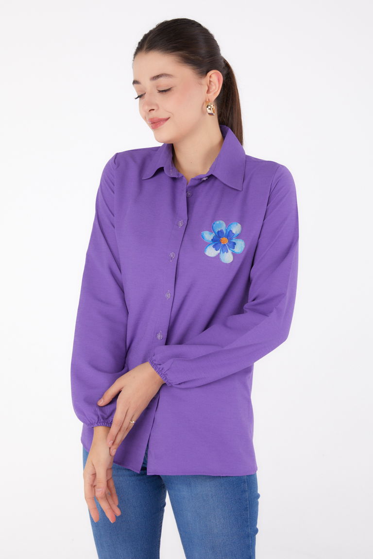 Düz Gömlek Yaka Kadın Lila Baskılı Gömlek - 13338 - TOFİSA