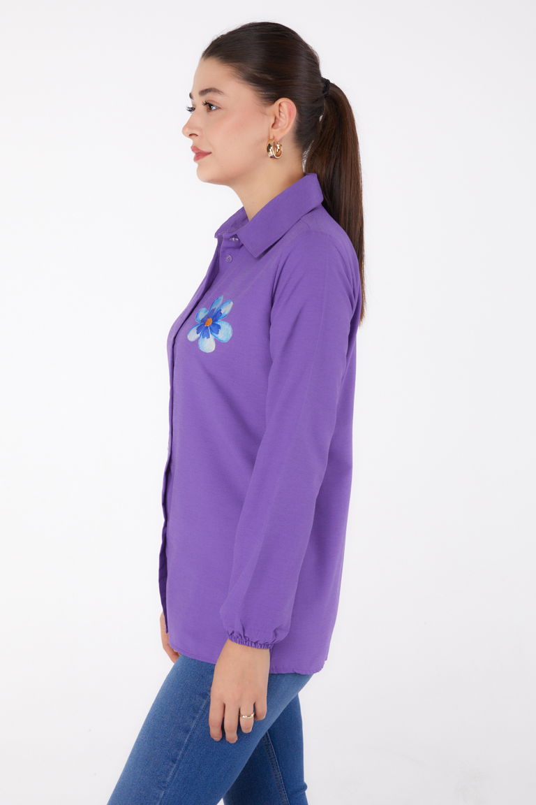 Düz Gömlek Yaka Kadın Lila Baskılı Gömlek - 13338 - TOFİSA