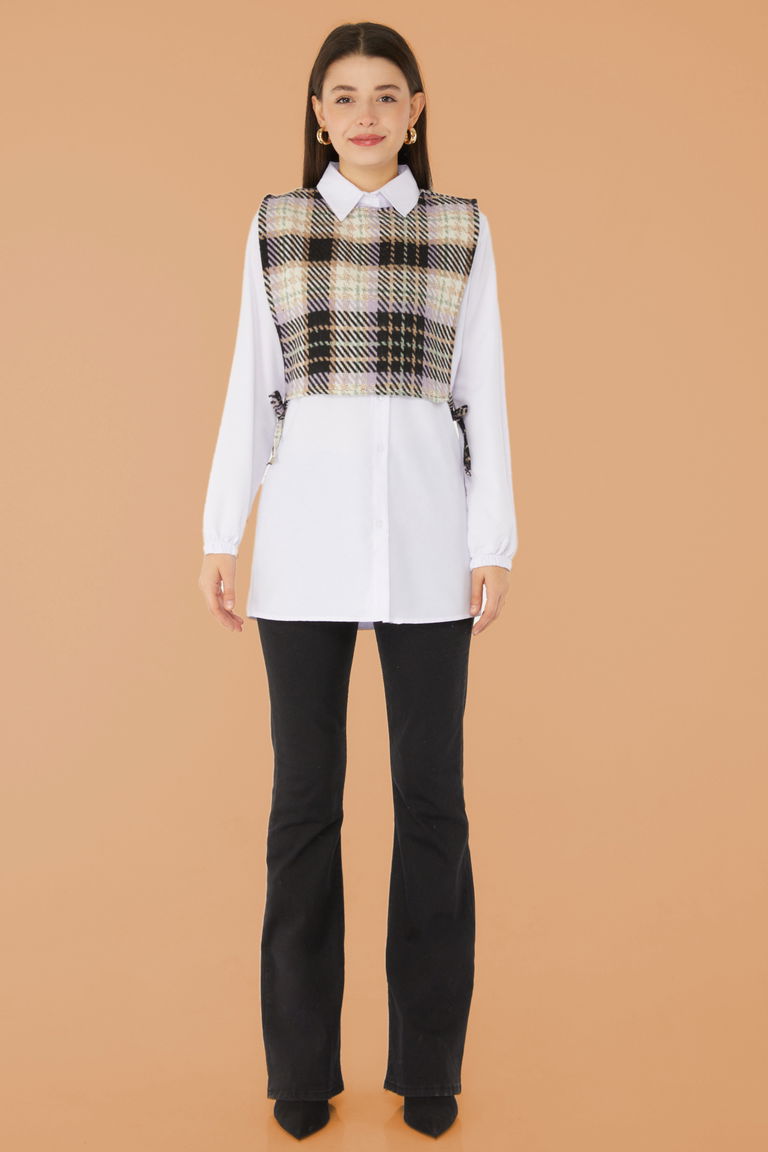 Düz Gömlek Yaka Kadın Lila Gömlek Süveter İkili Takım - 13347 - TOFİSA