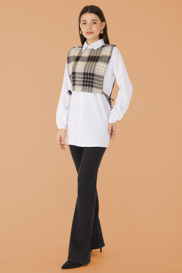 Düz Gömlek Yaka Kadın Lila Gömlek Süveter İkili Takım - 13347 - TOFİSA