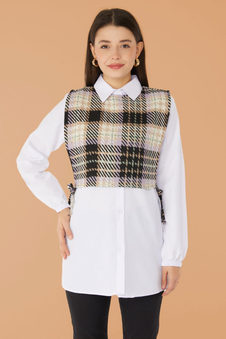 Düz Gömlek Yaka Kadın Lila Gömlek Süveter İkili Takım - 13347 - TOFİSA