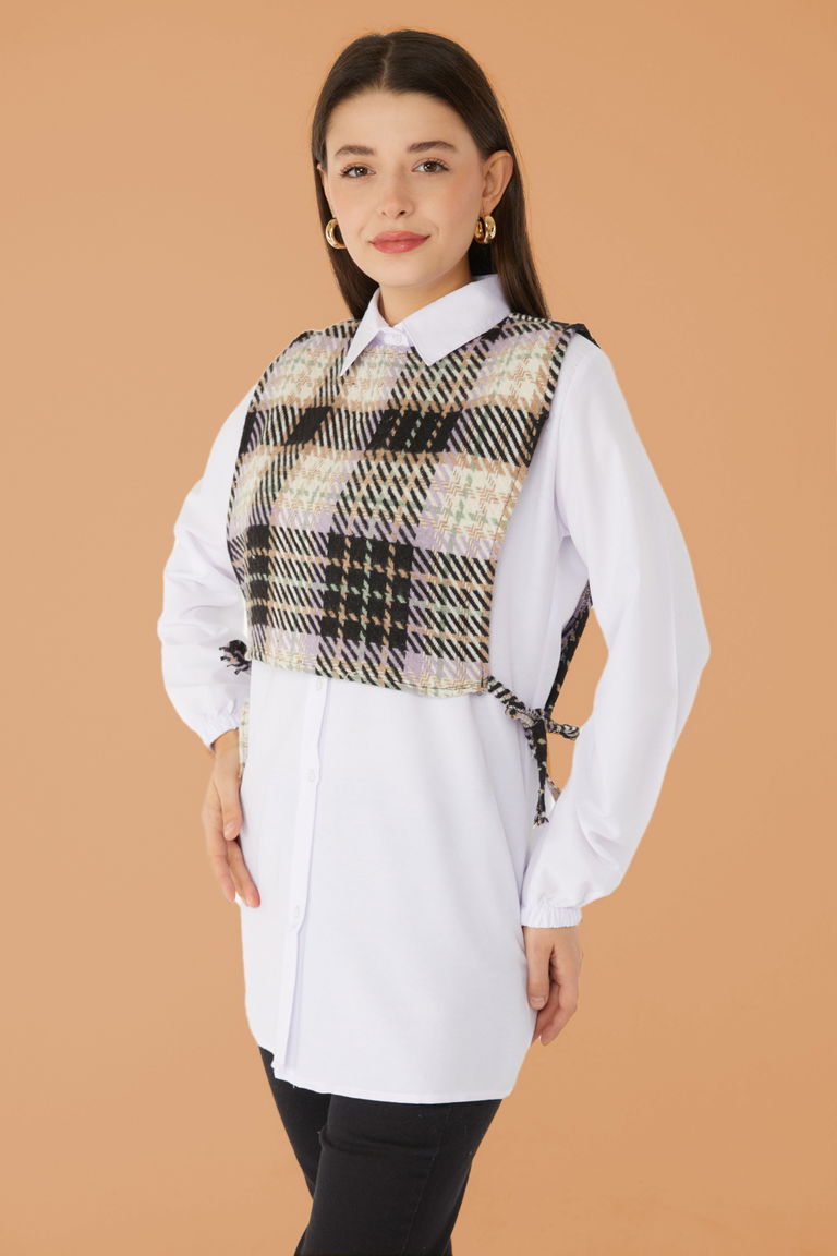 Düz Gömlek Yaka Kadın Lila Gömlek Süveter İkili Takım - 13347 - TOFİSA