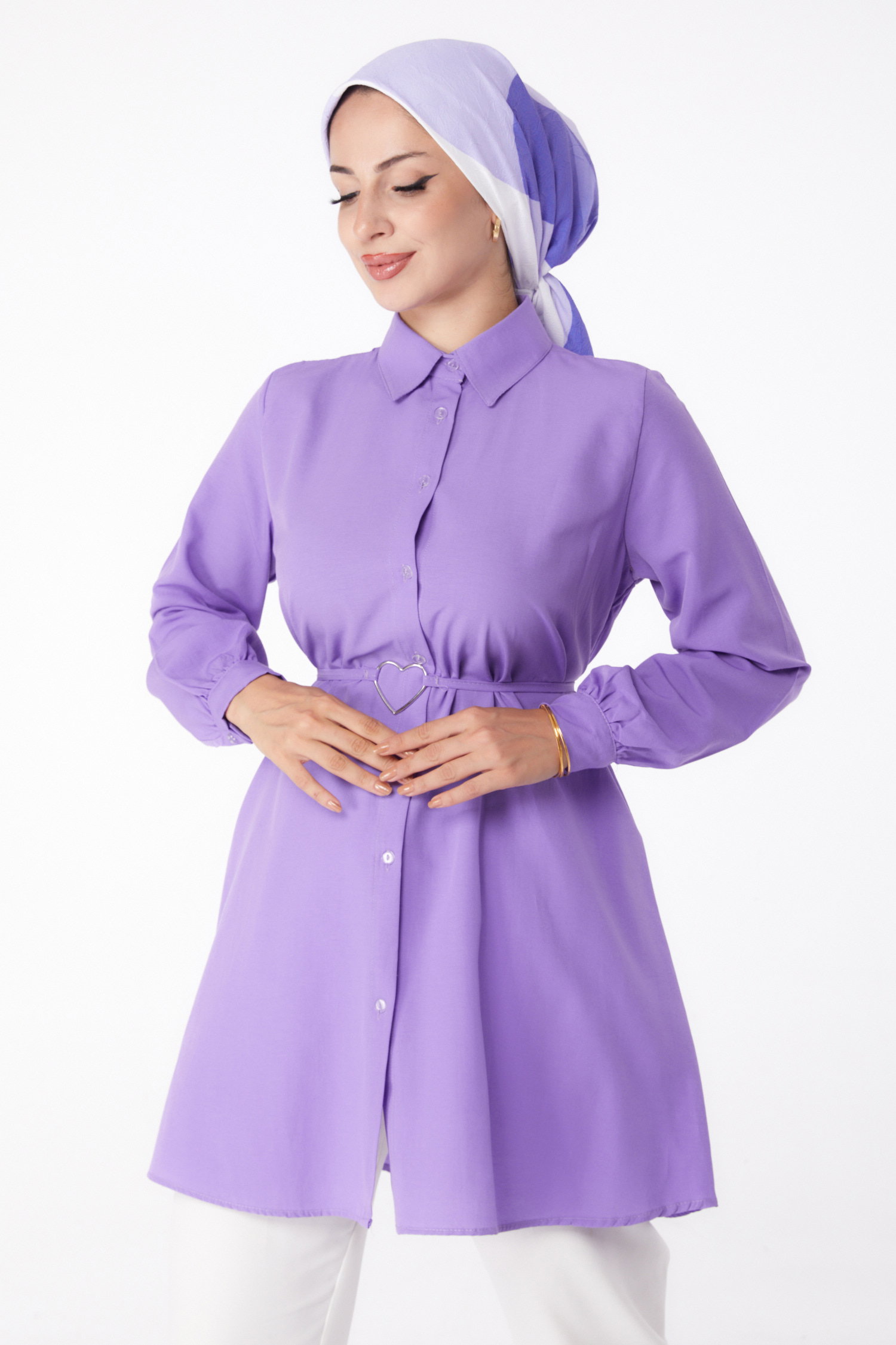 Düz Gömlek Yaka Kadın Lila Tunik - 13280 - 1
