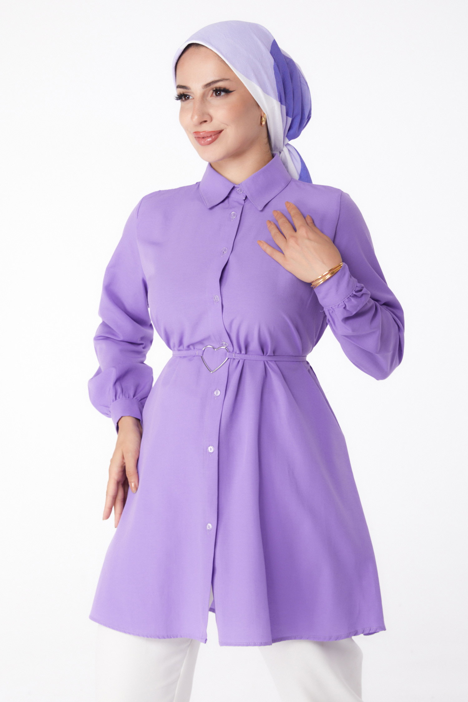 Düz Gömlek Yaka Kadın Lila Tunik - 13280 - 2