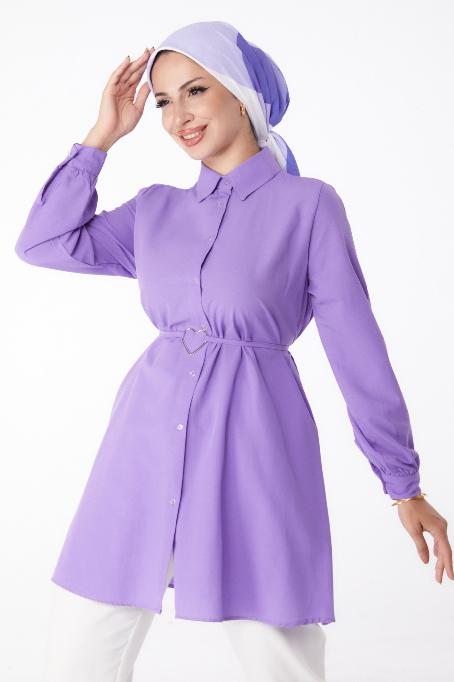 Düz Gömlek Yaka Kadın Lila Tunik - 13280 - 3