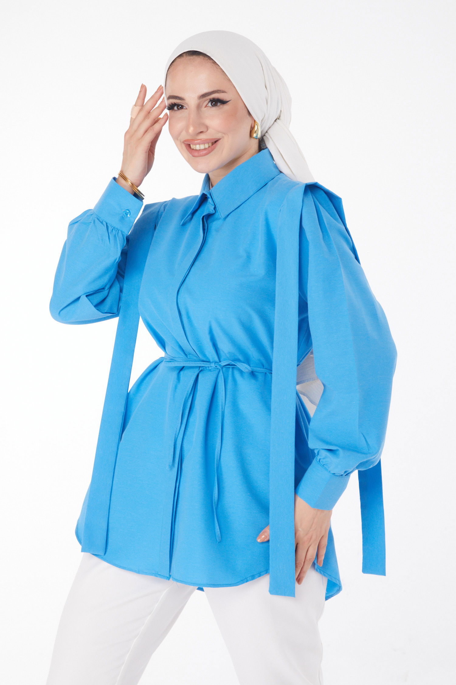 Düz Gömlek Yaka Kadın Mavi Bağcıklı Tunik - 25552 - 2