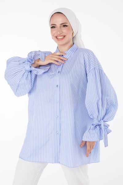 Düz Gömlek Yaka Kadın Mavi Çizgili Balon Kol Gömek - 25887 