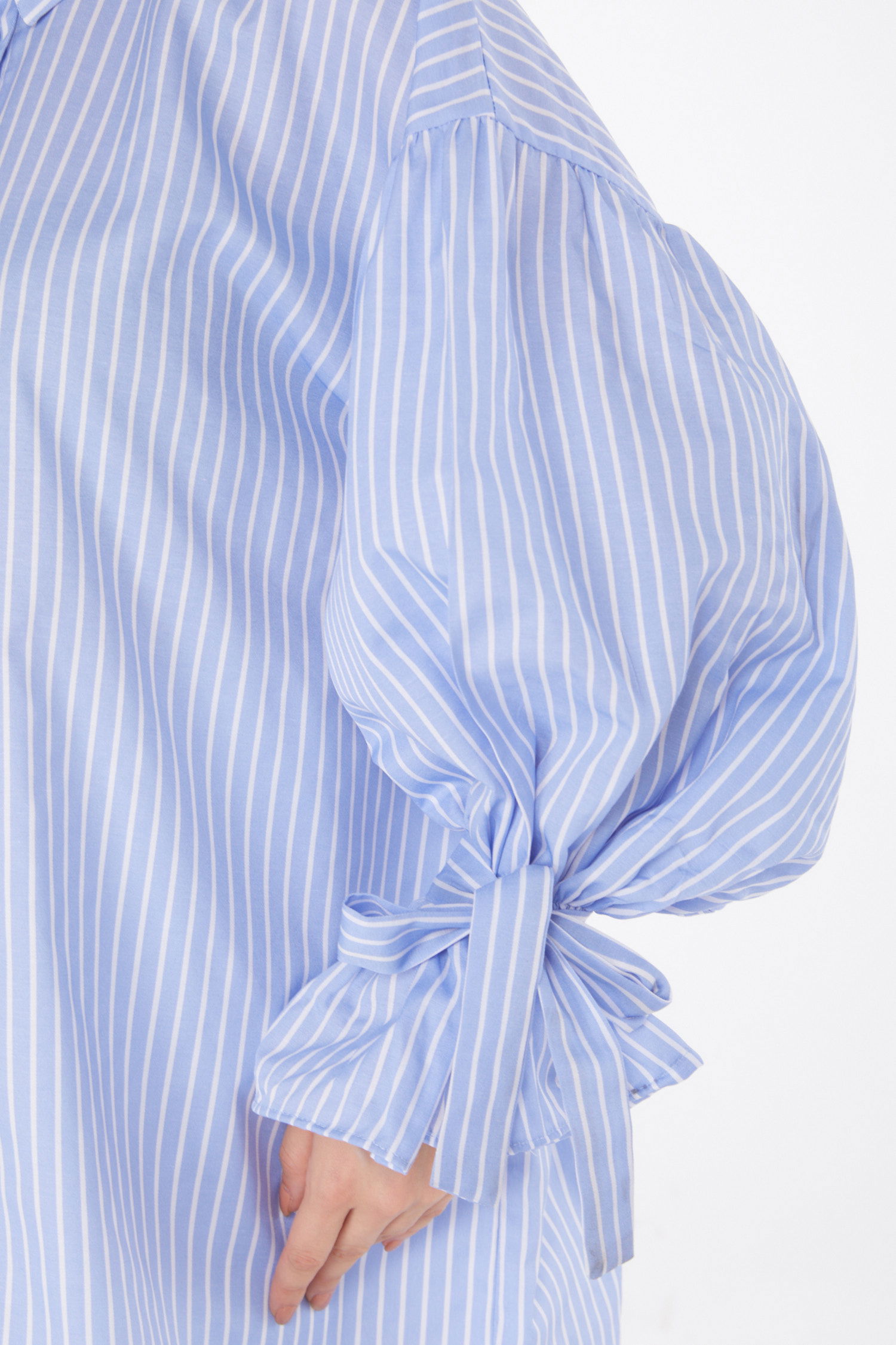 Düz Gömlek Yaka Kadın Mavi Çizgili Balon Kol Gömek - 25887 - 4