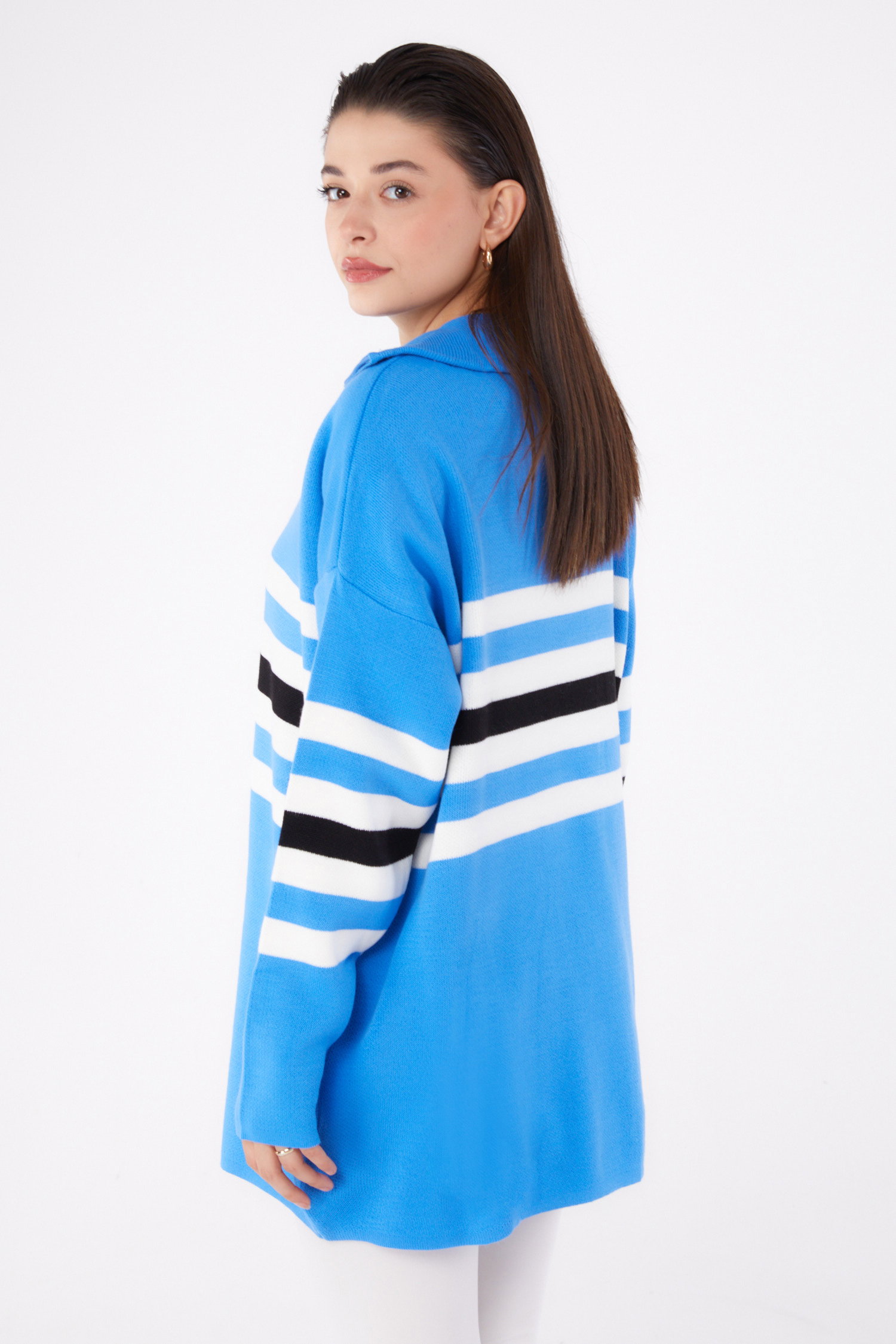 Düz Gömlek Yaka Kadın Mavi Çizgili Triko Tunik - 26419 - 4