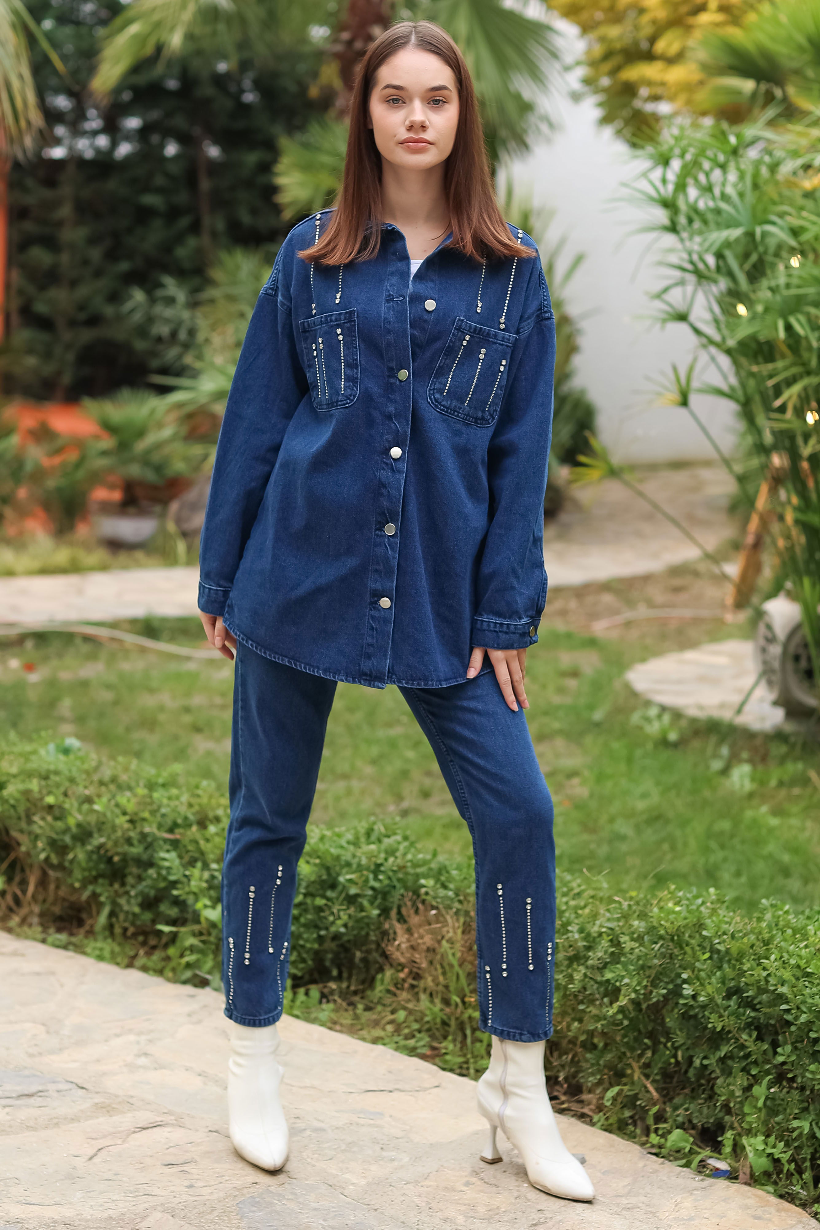 Düz Gömlek Yaka Kadın Mavi Taş Detaylı İkili Takım - 25364 - 7