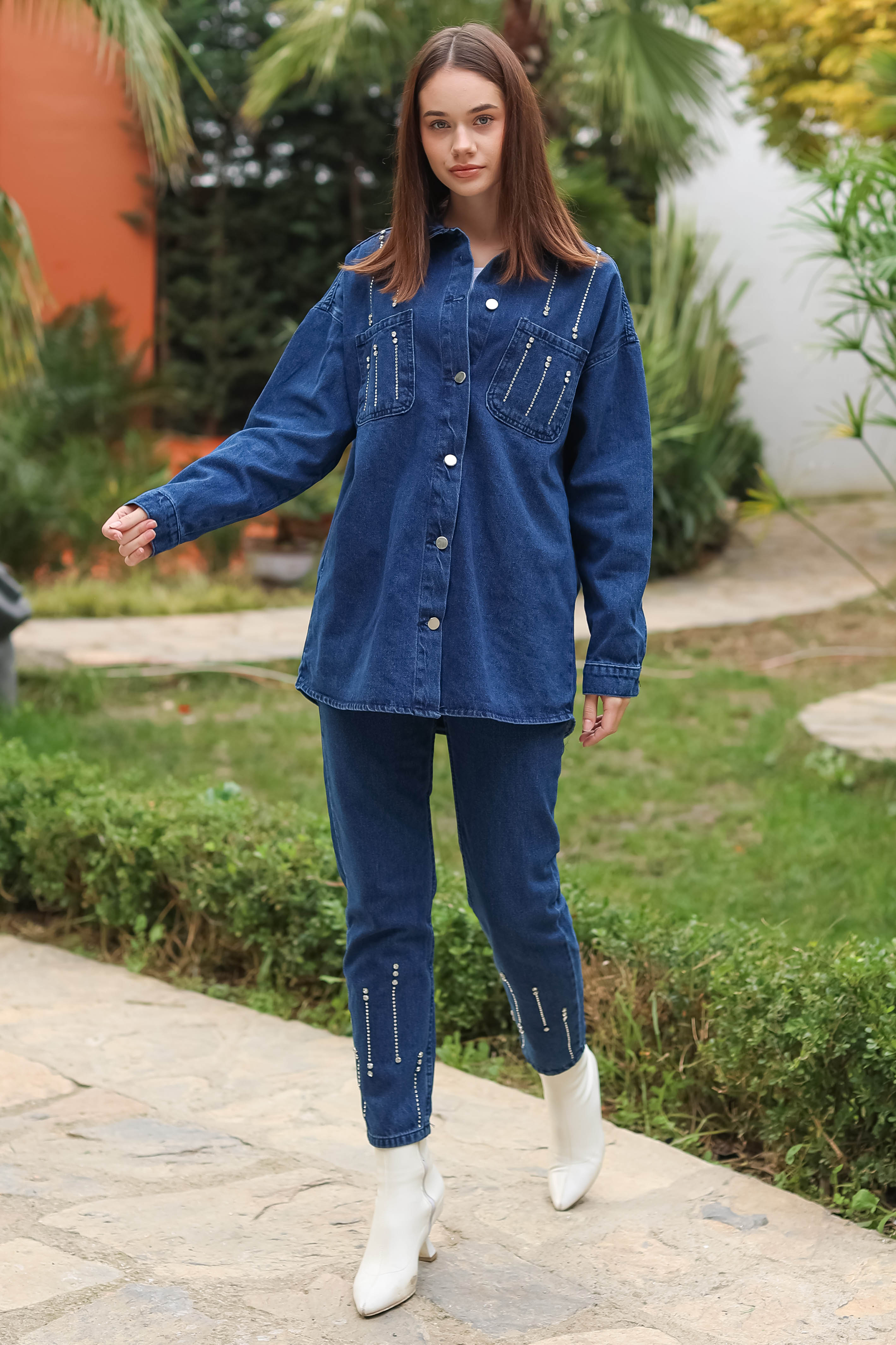 Düz Gömlek Yaka Kadın Mavi Taş Detaylı İkili Takım - 25364 - 15